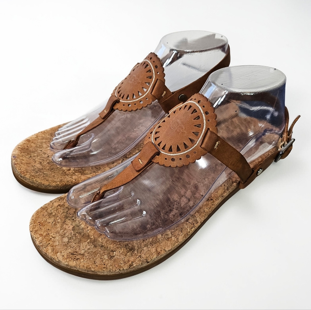 UGG Tuolumne Chestnut Leather Cork Sandals Medallion Slingback Women’s‎ Size 9.5
